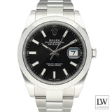 Rolex Datejust 126300 zwart Oysterband zilveren stalen horloge met zwarte wijzerplaat datumweergave op 3 uur positie