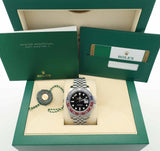 Rolex GMT-Master II 126710BLRO Jubilee band with Pepsi bezel in green presentation box, featuring manuals and authentication card