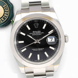 Rolex Datejust 126300 zwart Oysterband automatische chronograaf horloge met zwarte wijzerplaat en datumaanduiding op 3 uur tijdpositie