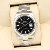 Rolex Datejust 126300 zwart Oysterband horloge, zwarte wijzerplaat, stalen kast en band, datumweergave op 3 uur positie